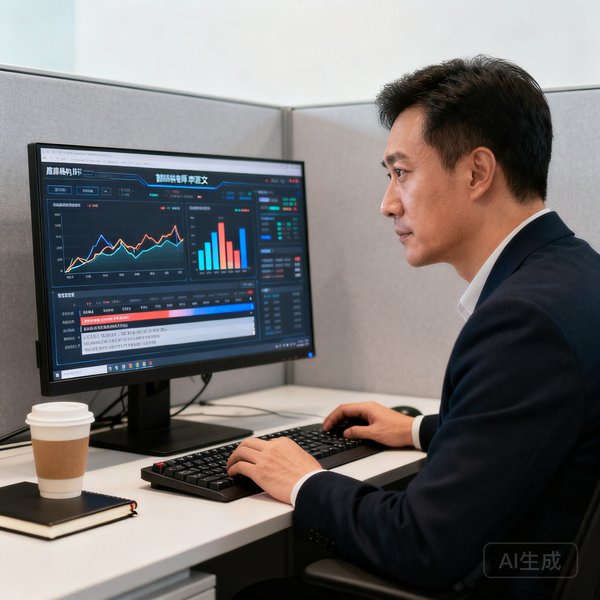 首席架构师李雅文坐在电脑前专注工作的场景，屏幕显示着复杂的系统监控面板，数据图表清晰可见。