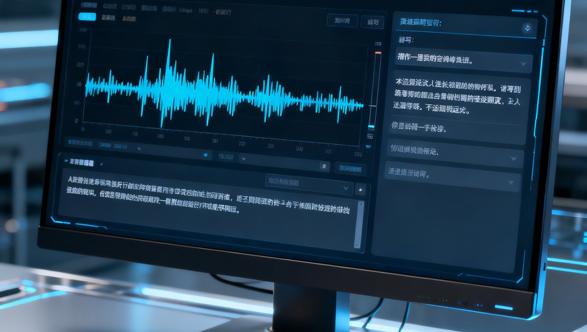 电脑屏幕上显示着AI解说系统的界面，波形图和文字转写实时运行，界面设计科技感十足。